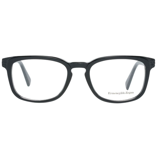 Ermenegildo Zegna Black Men Glasses Frame in black plastic, full-rim rectangle style with demo lenses, size 52-19-145.