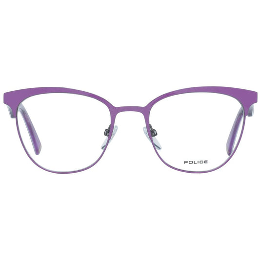 Police Purple Women Glasses Frame in full-rim metal & plastic design with 51-19-140 dimensions, featuring spring hinges and a branded case.