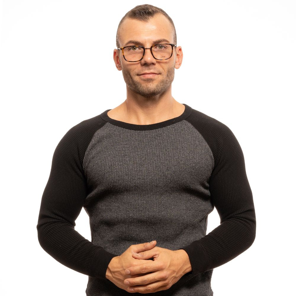 Man wearing Lozza Brown Men Glasses Frame with a gray and black long-sleeve shirt, demonstrating the stylish full-rim rectangle style.