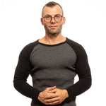Man wearing Lozza Brown Men Glasses Frame with a gray and black long-sleeve shirt, demonstrating the stylish full-rim rectangle style.