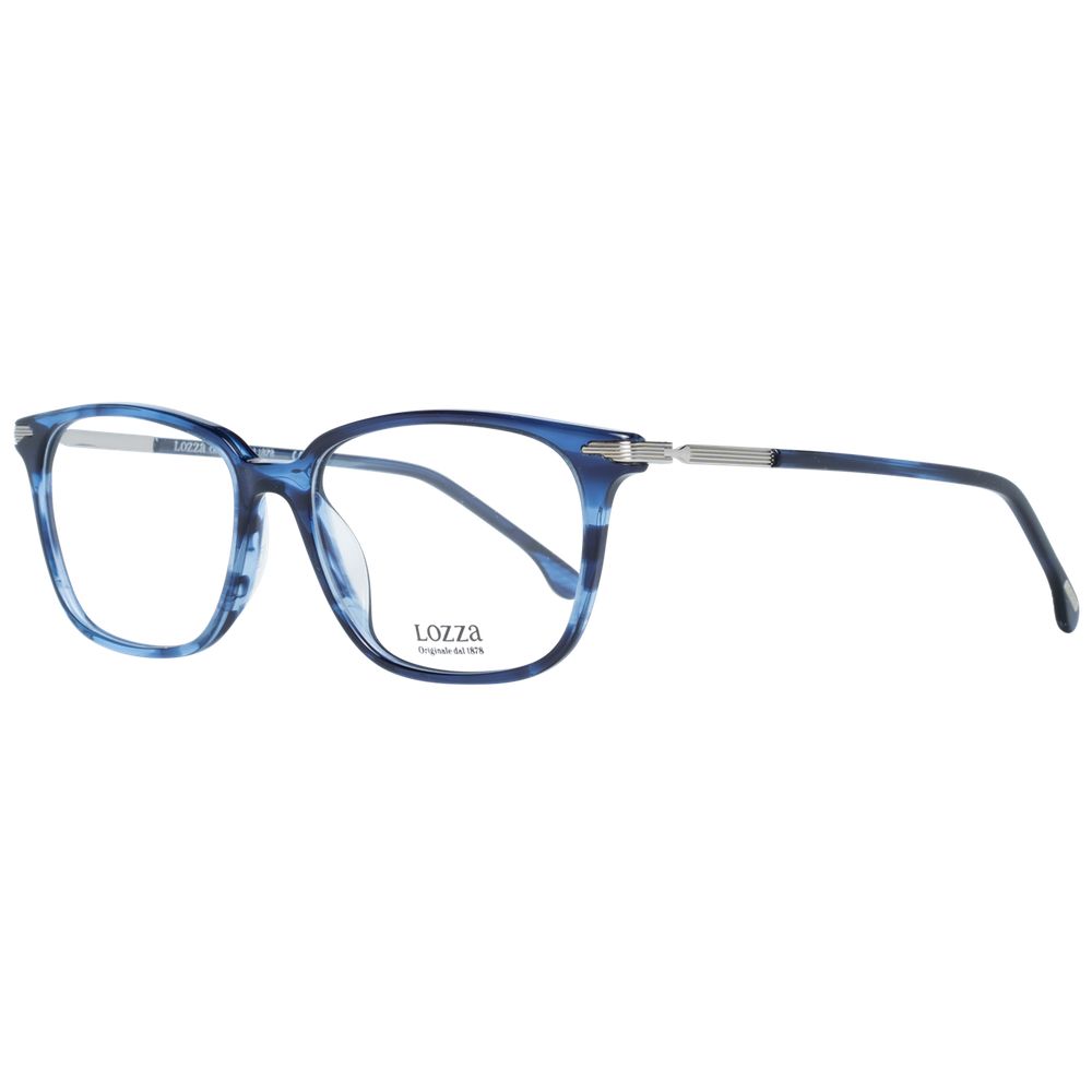 Lozza Blue Men Glasses Frame with blue plastic full-rim design, rectangle lenses, size 53-16-145. Includes branded case. No spring hinge.