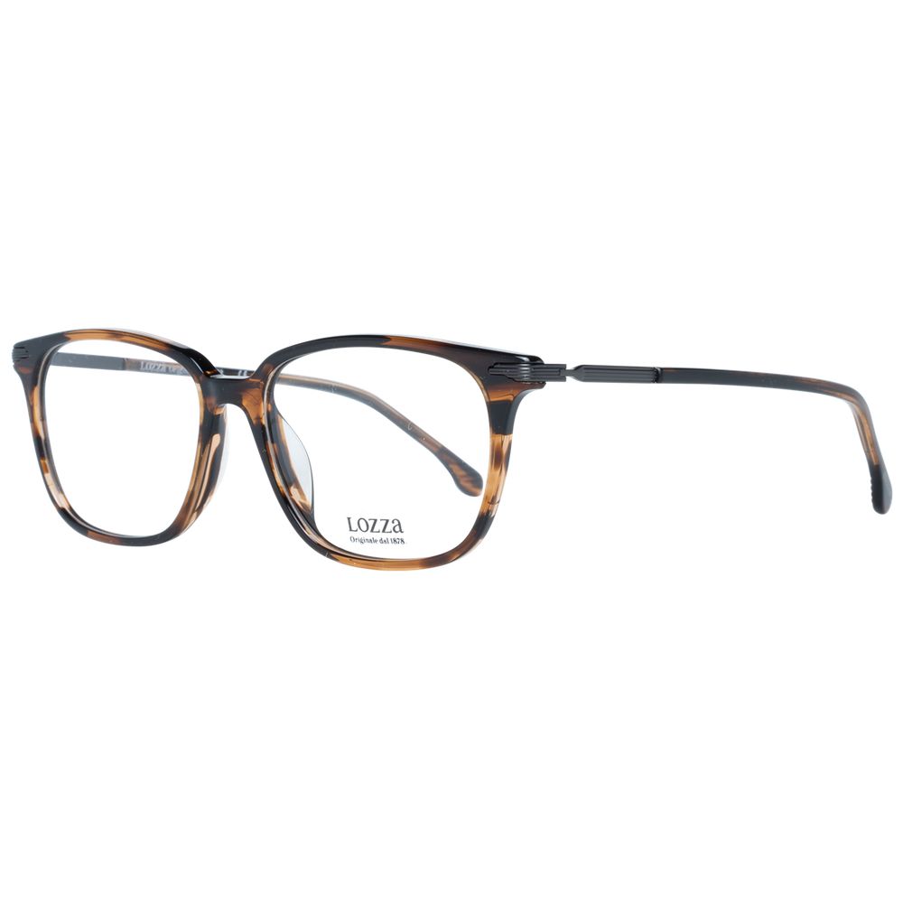 Lozza Brown Men Glasses Frame, full-rim rectangle design in brown plastic with 53-16-145 sizing, includes branded case.