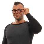 Man wearing Ermenegildo Zegna Brown Men Glasses Frame with round full-rim design, showcasing stylish plastic eyeglasses.