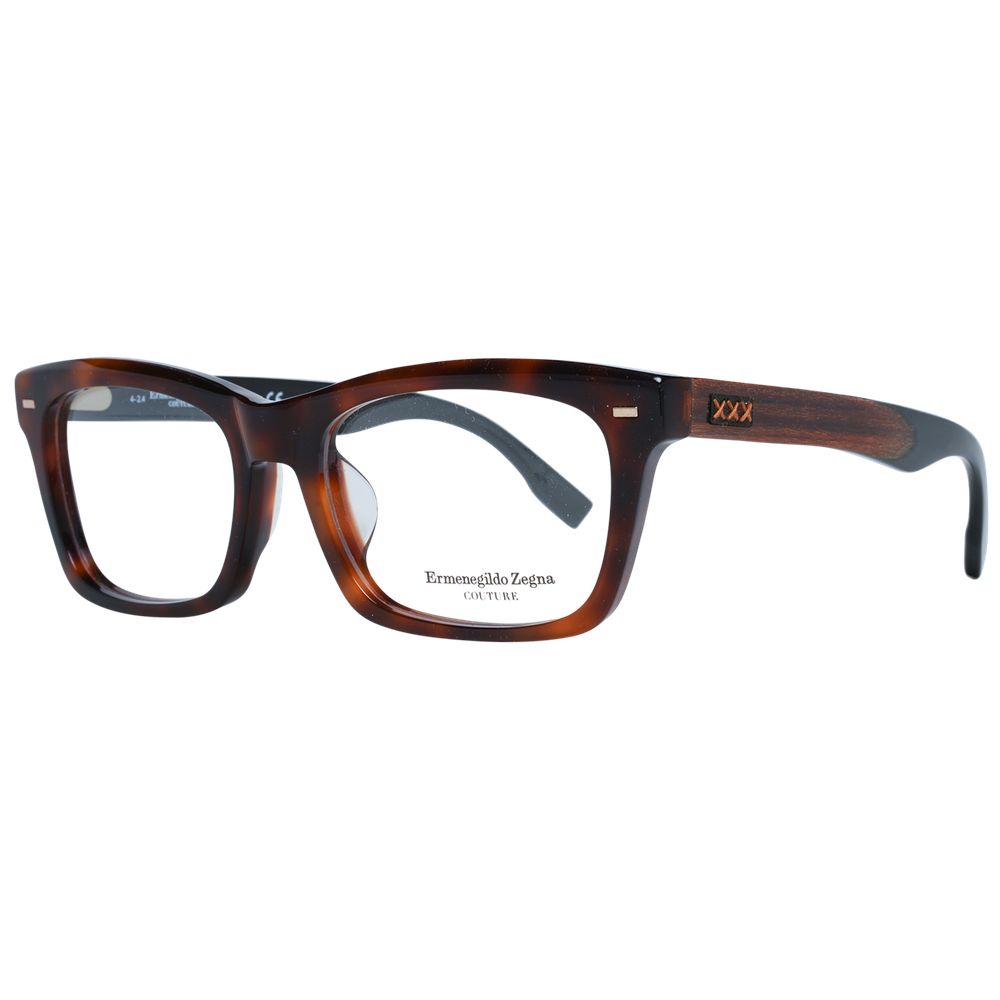 Ermenegildo Zegna Brown Men Glasses Frame in acetate, wood and horn, full-rim trapezium style with demo lenses, size 56-18-150