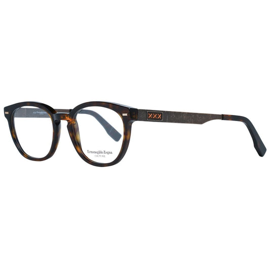 Ermenegildo Zegna Brown Men Glasses Frame in full-rim plastic with demo lenses, style round, size 50-19-145, brown color.