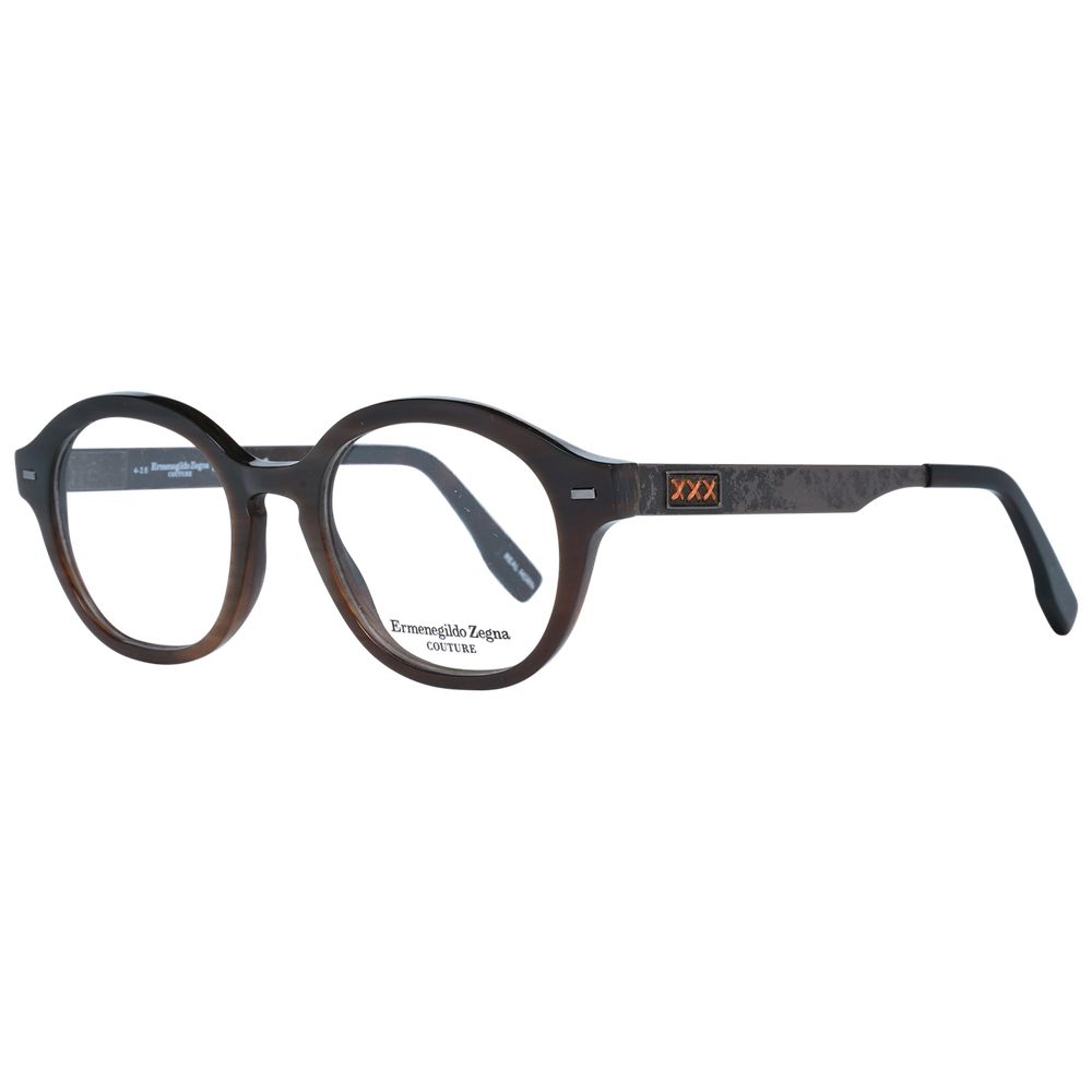 Ermenegildo Zegna Brown Men Glasses Frame with round full-rim design and demo lenses, made from horn, size 48-19-145.