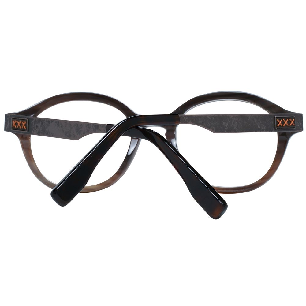 Ermenegildo Zegna Brown Men Glasses Frame with round full-rim tortoise design made of horn material, featuring demo lenses.