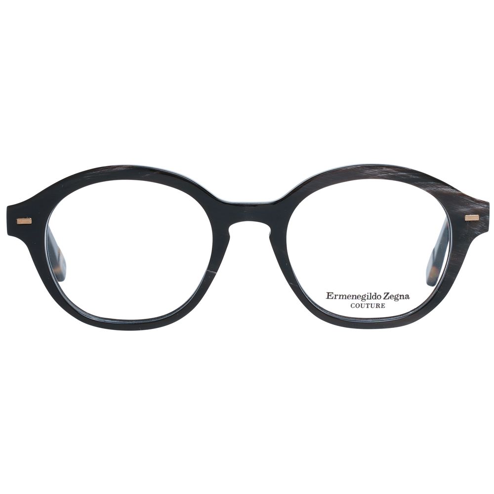 Ermenegildo Zegna Brown Men Glasses Frame in full-rim round horn material with demo plastic lenses and branded case included.