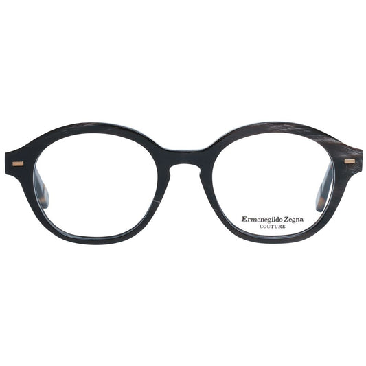 Ermenegildo Zegna Brown Men Glasses Frame in full-rim round horn material with demo plastic lenses and branded case included.