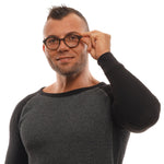 Man wearing Ermenegildo Zegna Brown Men Glasses Frame with round lenses, horn frame, full-rim style.