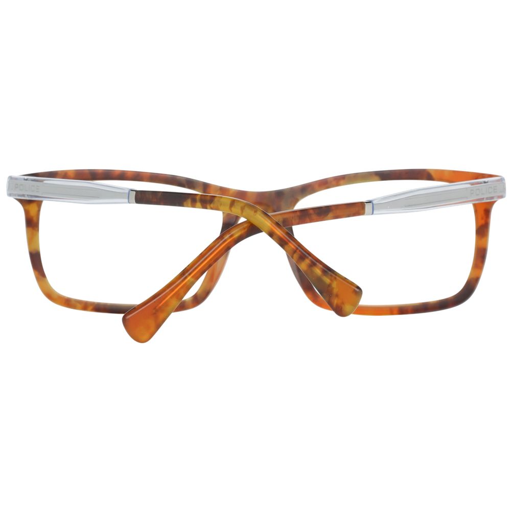 Front view of Police Brown Men Glasses Frame with plastic material and full-rim style in brown color. Frame size: 54-19-145.
