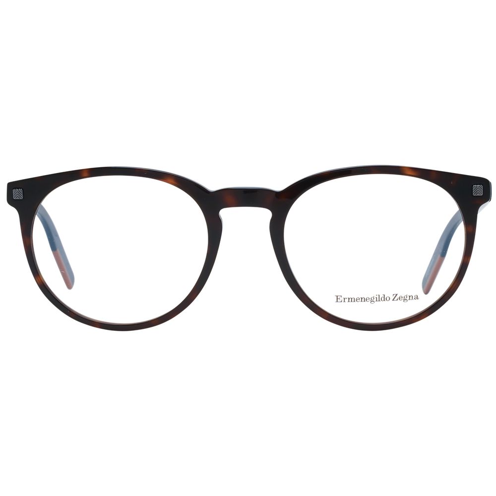Ermenegildo Zegna Brown Men Glasses Frame with full-rim round style, plastic material, size 52-20-145, and branded case included.