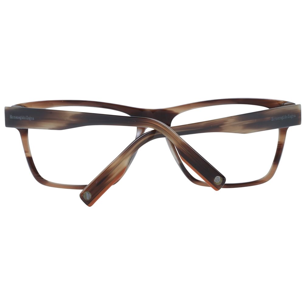 Ermenegildo Zegna Brown Men Glasses Frame with full-rim rectangular plastic design and demo lenses, includes branded case.