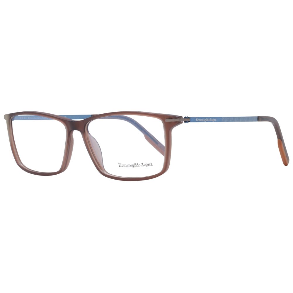 Ermenegildo Zegna Brown Men Glasses Frame, full-rim plastic rectangle, 58-14-145 size with demo lenses, includes branded case.