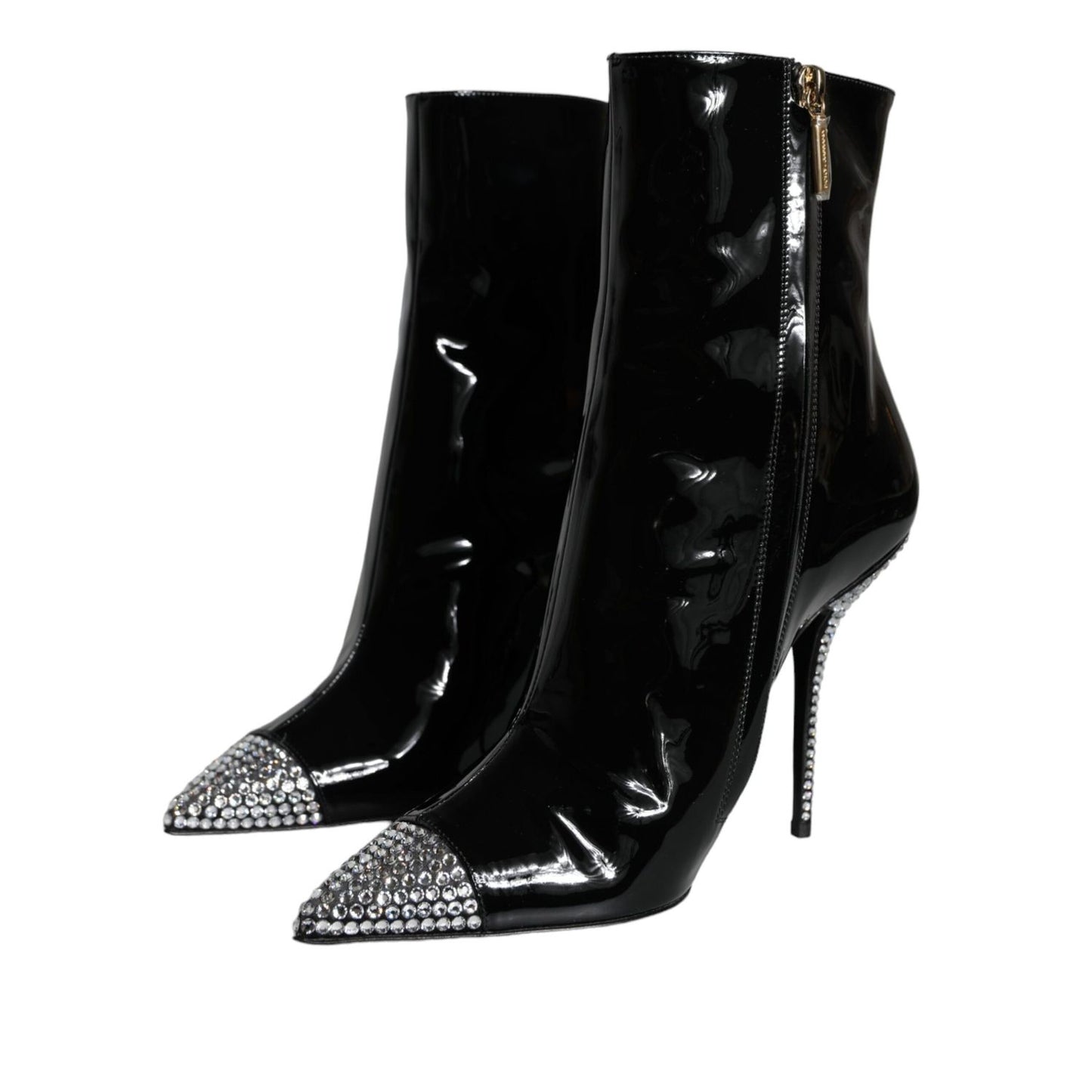 Dolce & Gabbana Black Patent Leather Crystal Heel Boots Shoes
