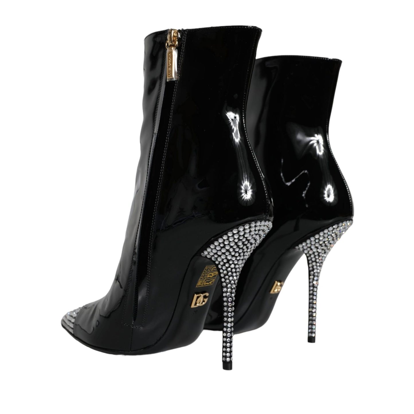 Dolce & Gabbana Black Patent Leather Crystal Heel Boots Shoes