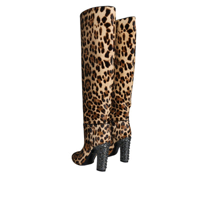 Dolce & Gabbana Beige Black Leopard Knee High Boots Shoes