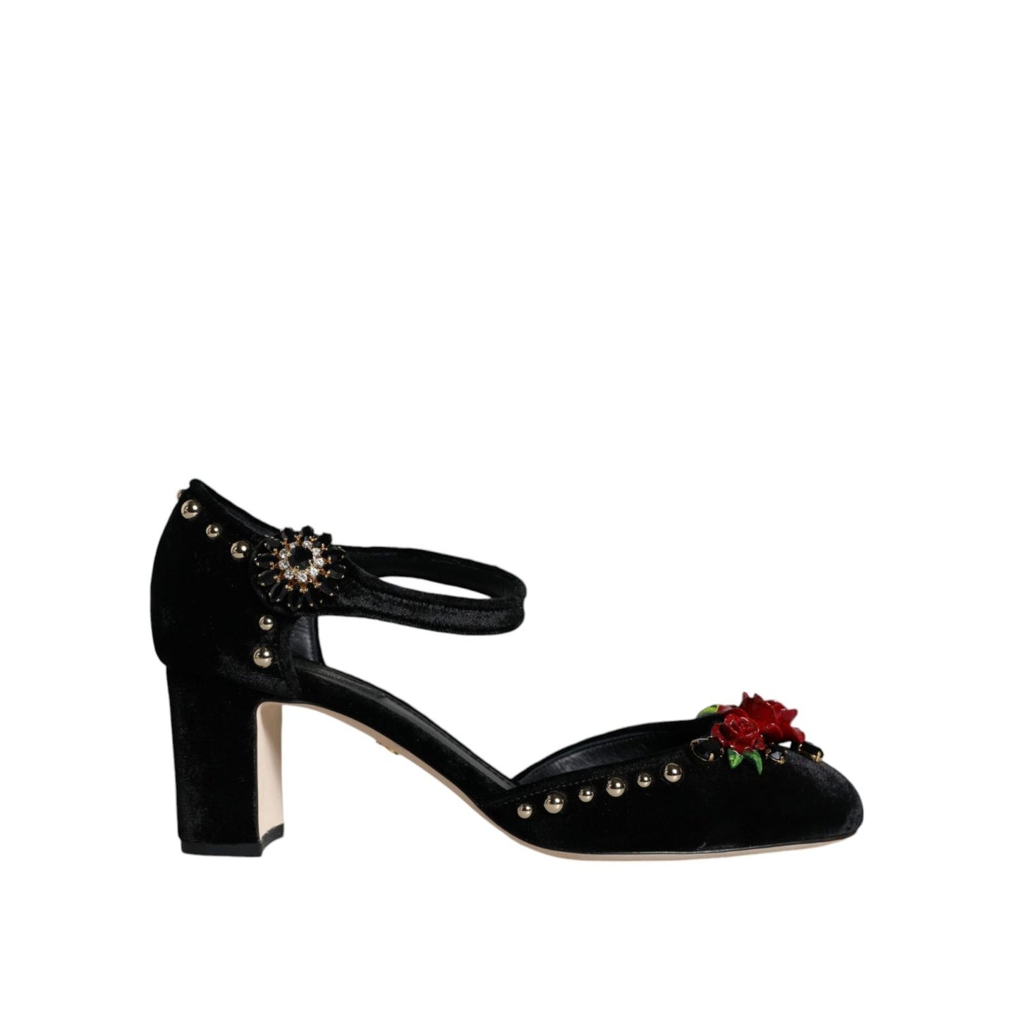 Dolce & Gabbana Black Velvet Roses Ankle Strap Pumps Shoes