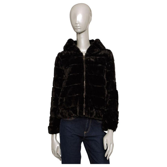 Black faux fur polyester jacket by Baldinini Trend for women, featuring luxury design with metal monogram.