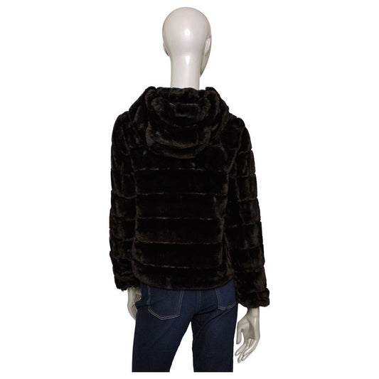 Back view of black faux fur Baldinini Trend women's jacket with hood, stylish and eco-friendly design made from 100% polyester.