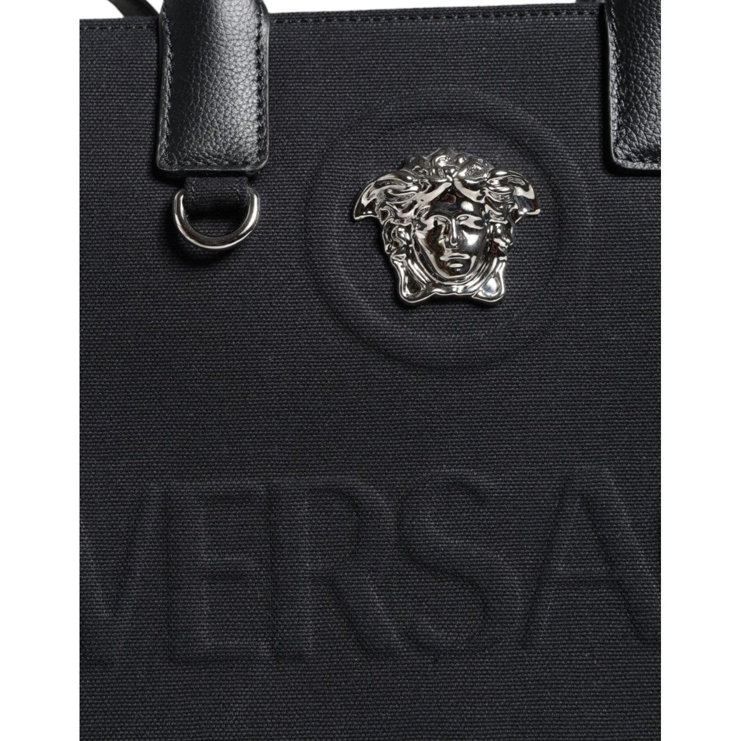 Versace Black Top Handle Canvas Leather Logo Crossbody Tote Bag