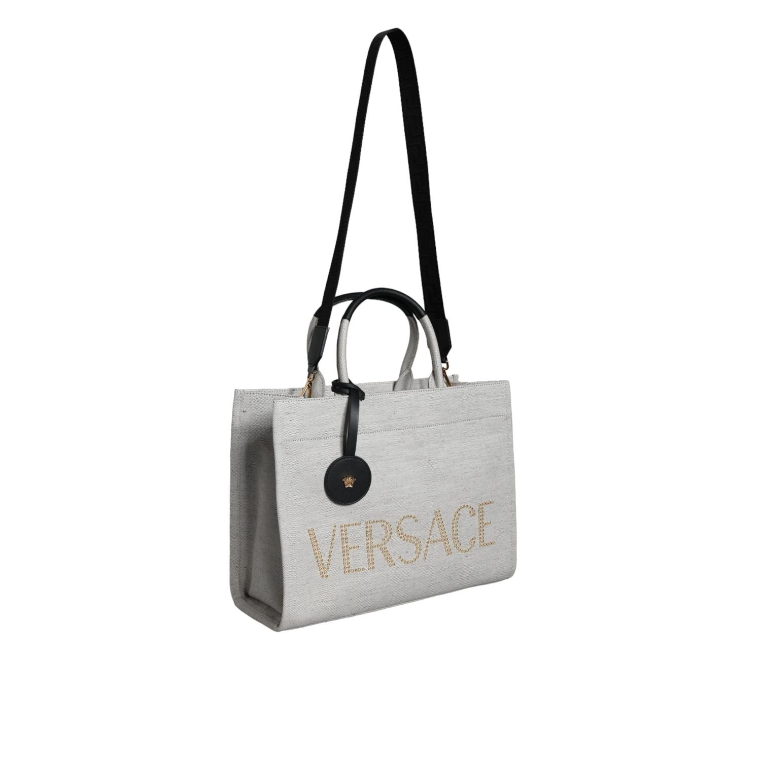 Versace White Top Handle Canvas Leather Logo Crossbody Tote Bag