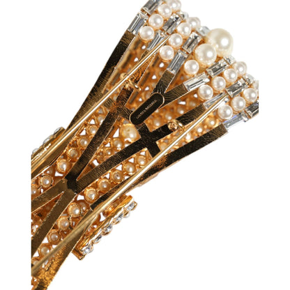 Dolce & Gabbana Gold Tone Brass Bow Crystal FauxPearl Embellished Brooch Brooch