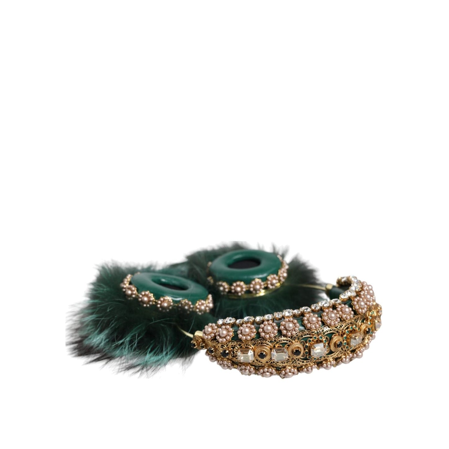 Dolce & Gabbana Green Gold Crystal Fur Headset Audio AUX Headphones SMY10424