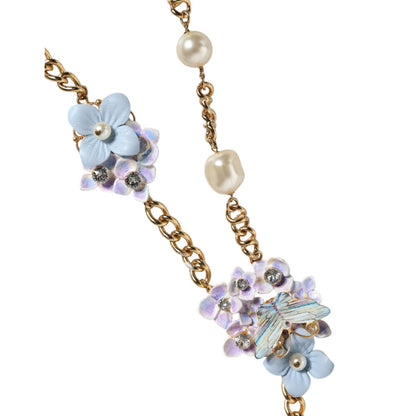 Dolce & Gabbana Gold Chain Brass Floral Layered Crystal Pearl Necklace