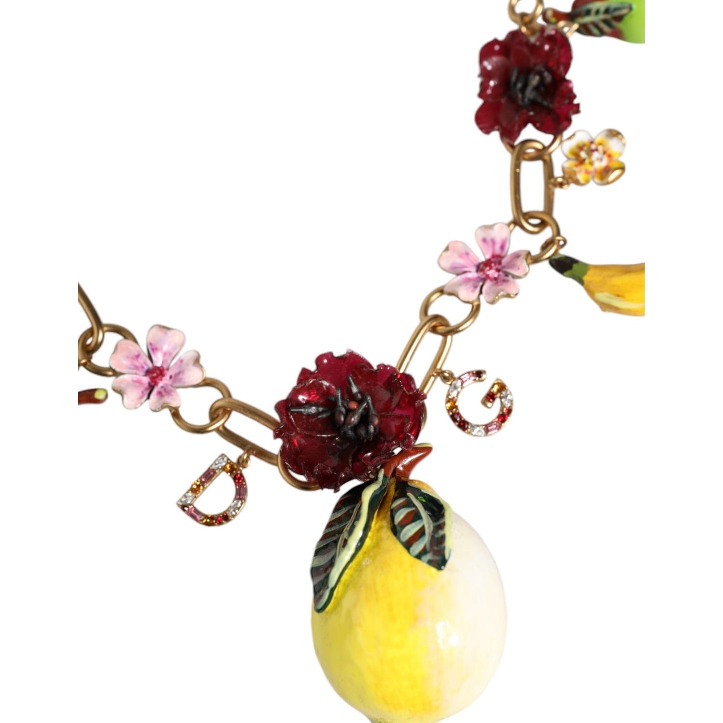 Dolce & Gabbana Gold Brass FRUIT Pendants Flowers Crystal Logo Necklace