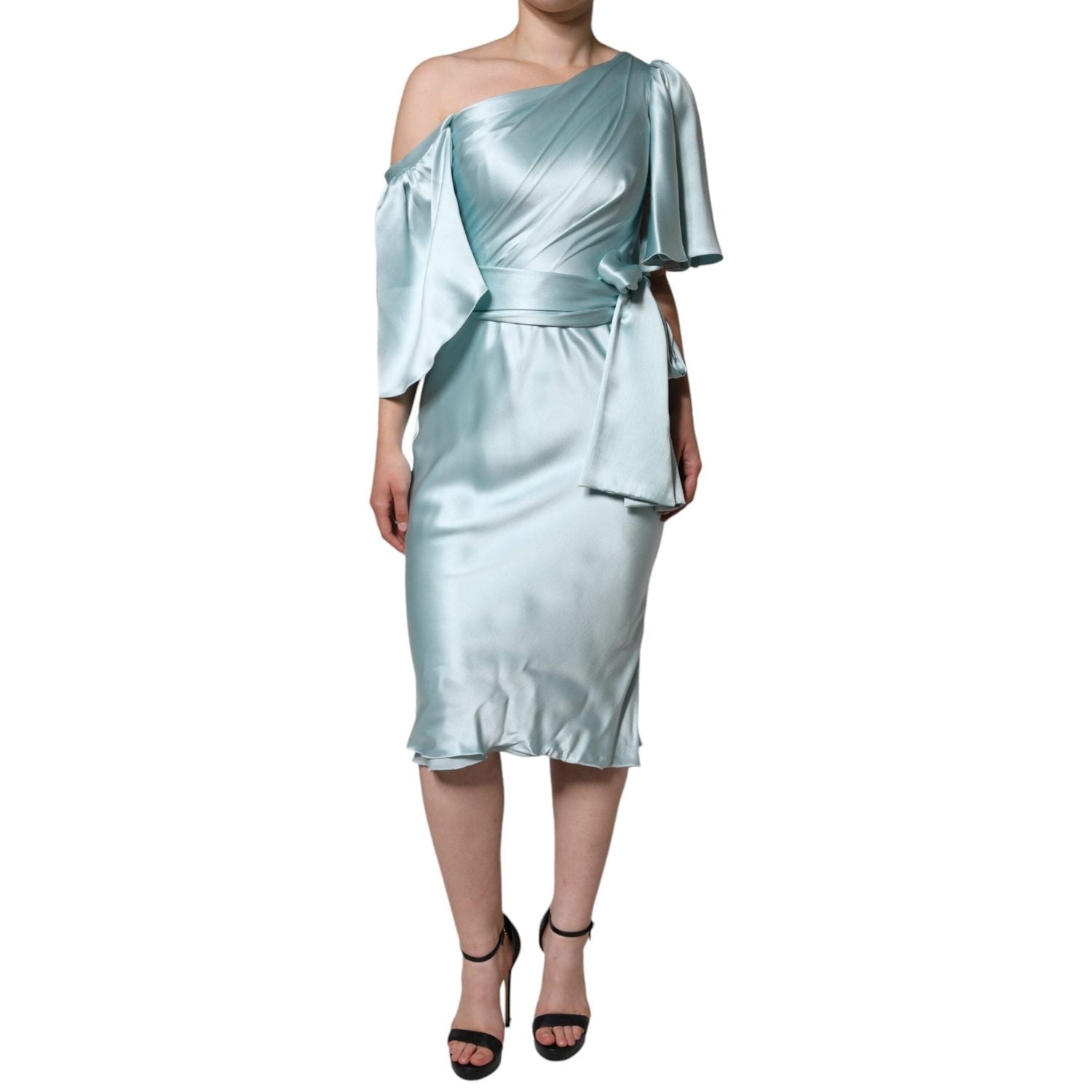 Dolce & Gabbana Mint Green Silk Fit Cut One Shoulder Dress