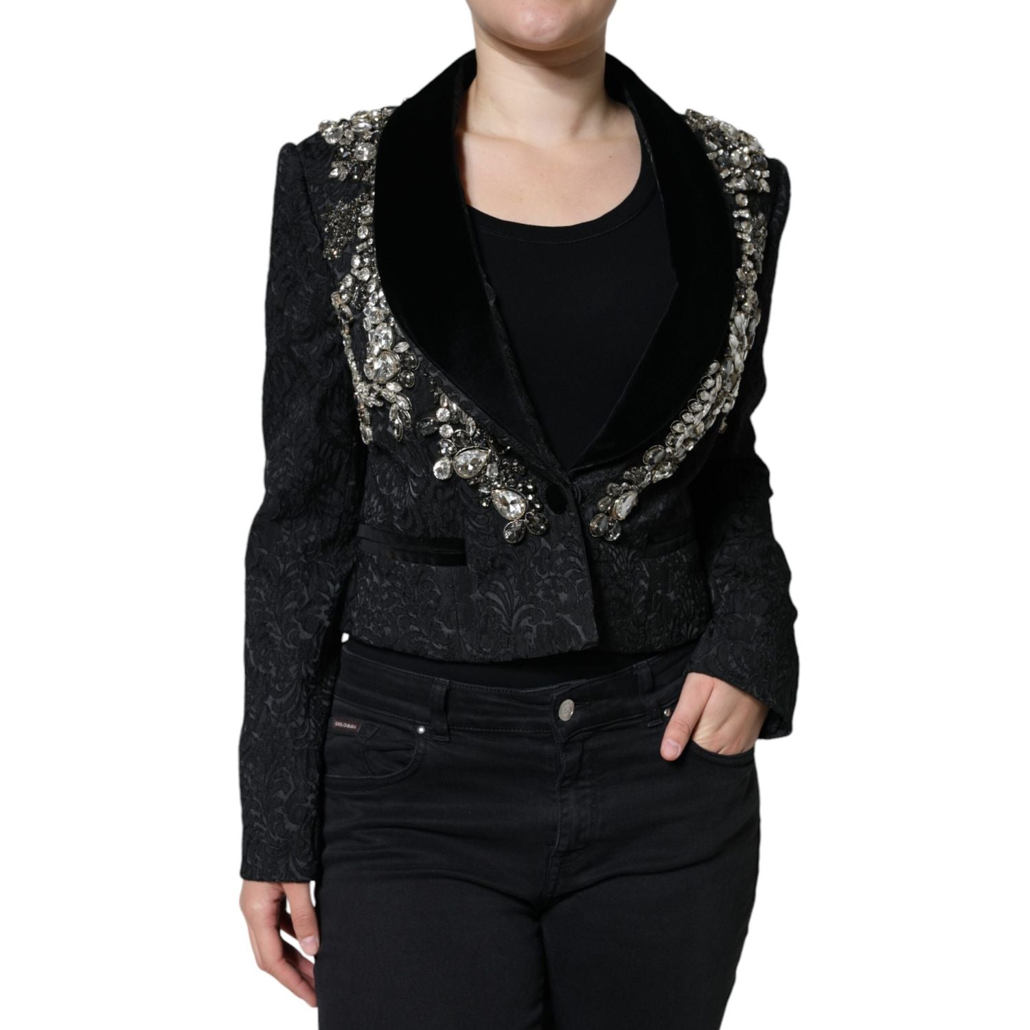 Dolce & Gabbana Black Jacquard Crystal Floral Jacket Blazer