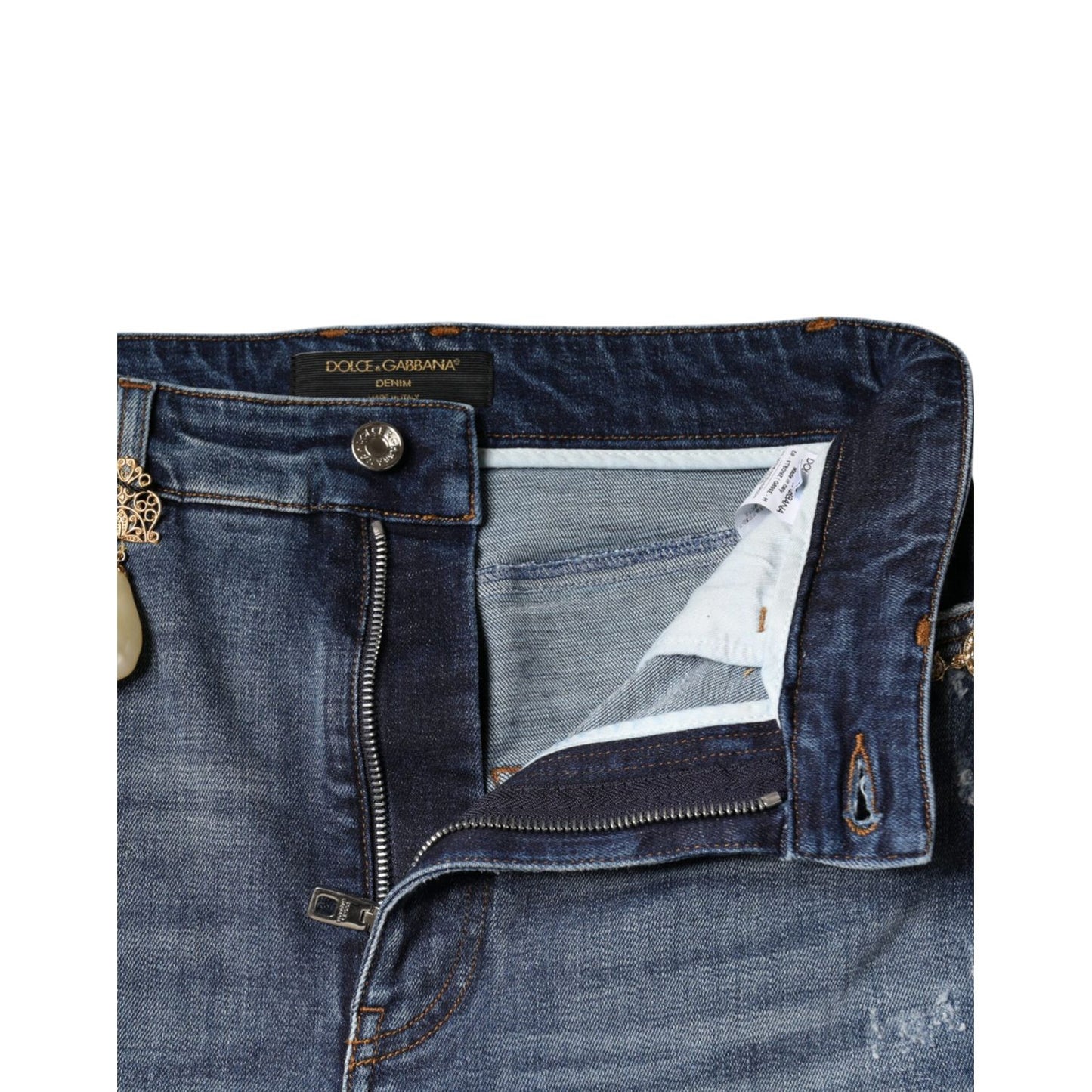 Dolce & Gabbana Dark Blue Cotton Tattered Skinny Denim Jeans