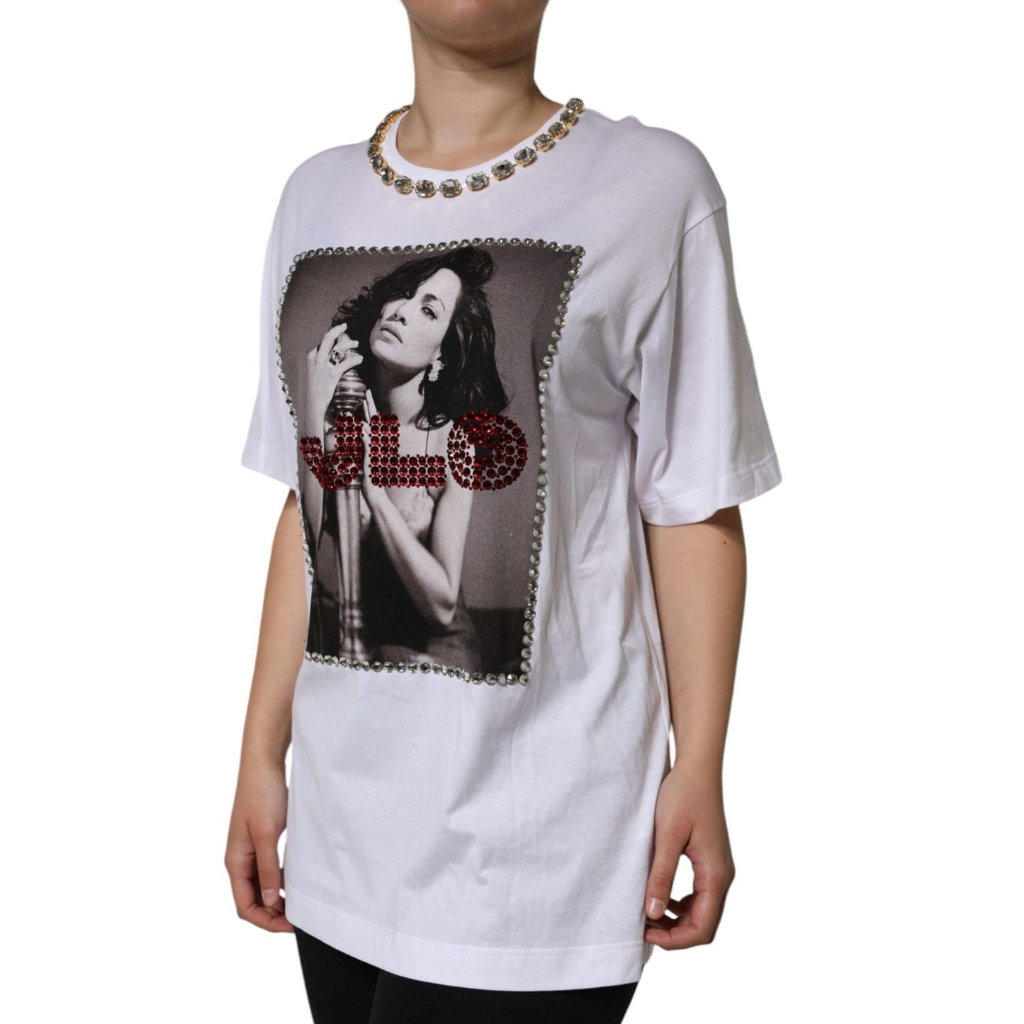 Dolce & Gabbana White Crystal Neckline Embellished Printed T-shirt