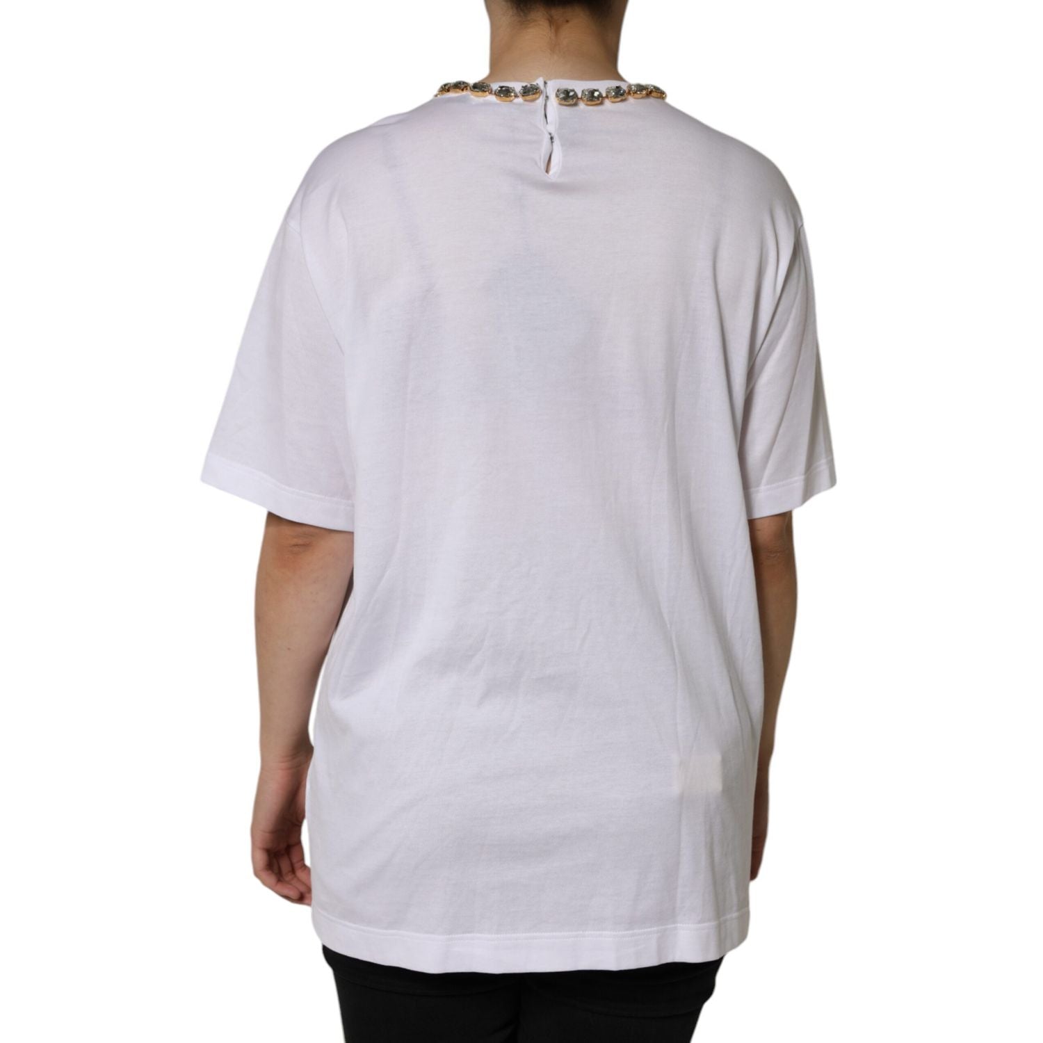 Dolce & Gabbana White Crystal Neckline Embellished Printed T-shirt