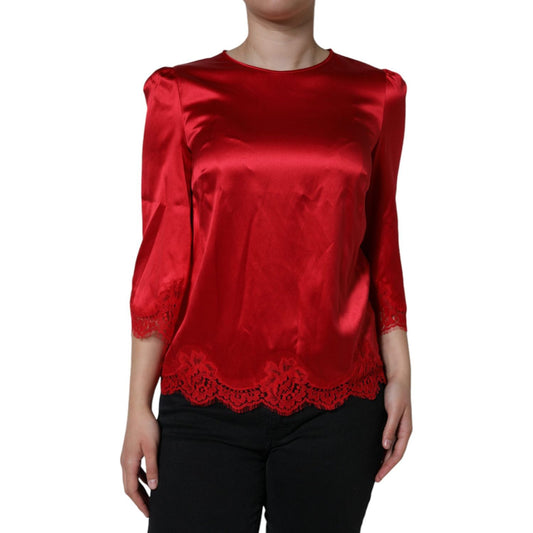 Dolce & Gabbana Red Satin Lace Trim Round Neck Blouse Top Dolce & Gabbana Dark Red