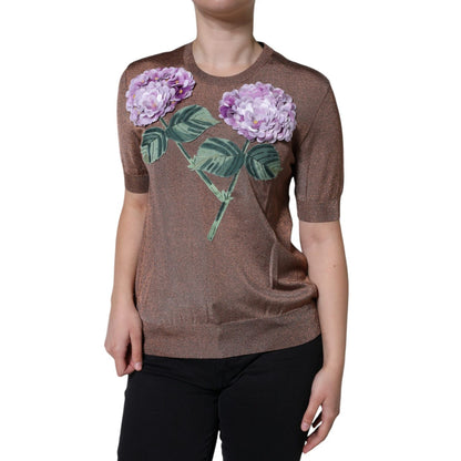 Dolce & Gabbana Brown Floral Applique Viscose Short Sleeve Top