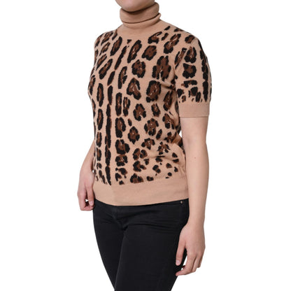 Dolce & Gabbana Beige Leopard Print Wool Turtleneck Top