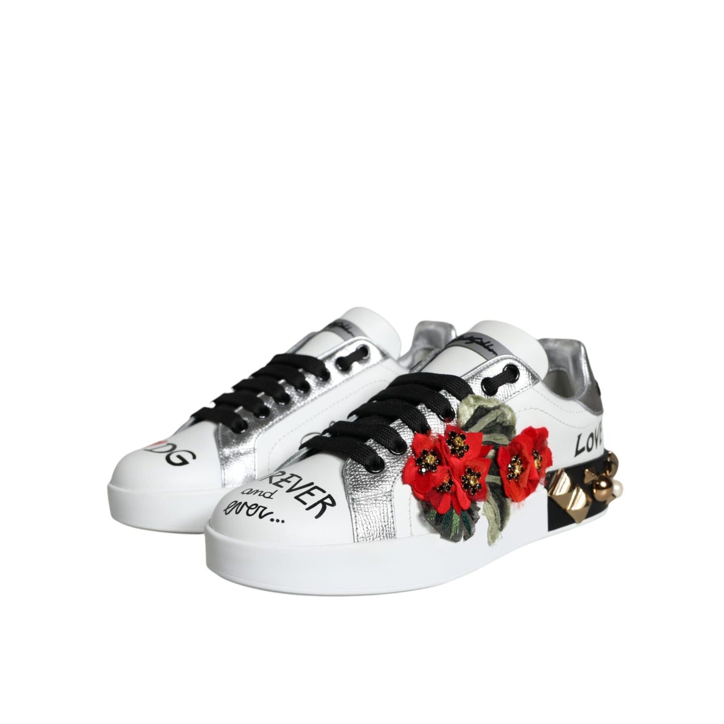 Dolce & Gabbana White Leather Floral Studded Sneakers Shoes