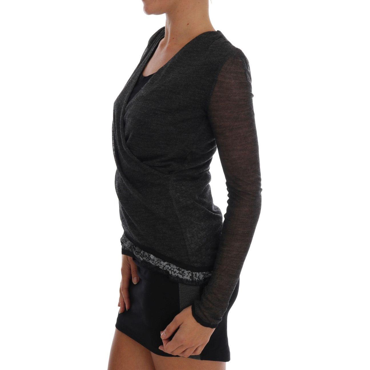 Ermanno Scervino Gray Wool Lace Top Long Sleeved T-shirt TSH1553-1