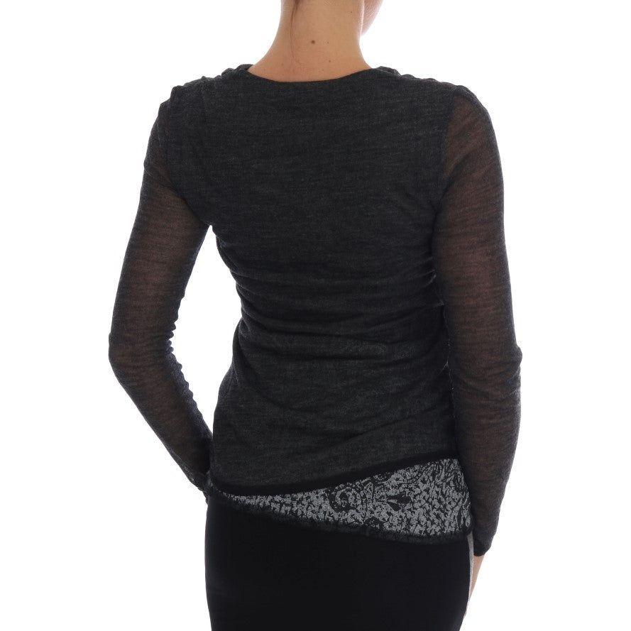 Ermanno Scervino Gray Wool Lace Top Long Sleeved T-shirt TSH1553-1