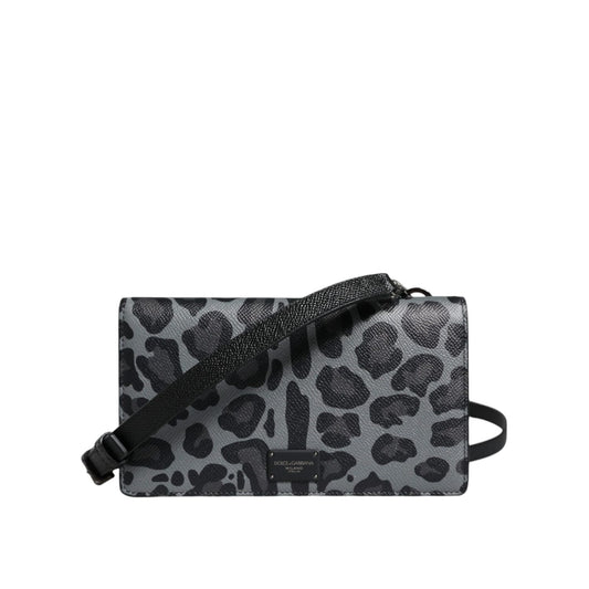 Dolce & Gabbana Black Gray Leopard Leather Bifold Card Slot Crossbody Bag
