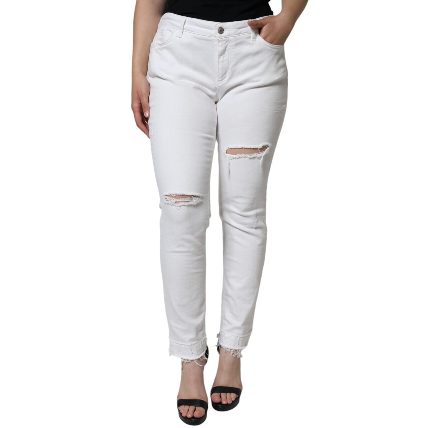 Dolce & Gabbana White Cotton Stretch Tattered Skinny Jeans