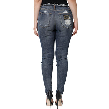Dolce & Gabbana Blue Cotton Stretch Tattered Skinny Jeans
