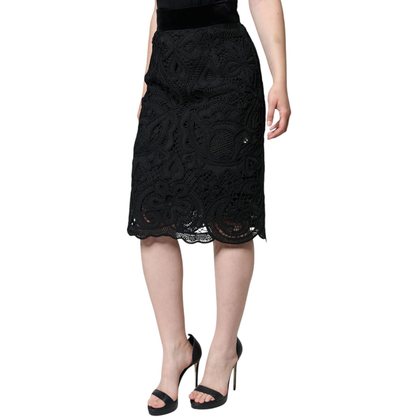 Dolce & Gabbana Black Floral Lace High Waist Pencil Cut Skirt