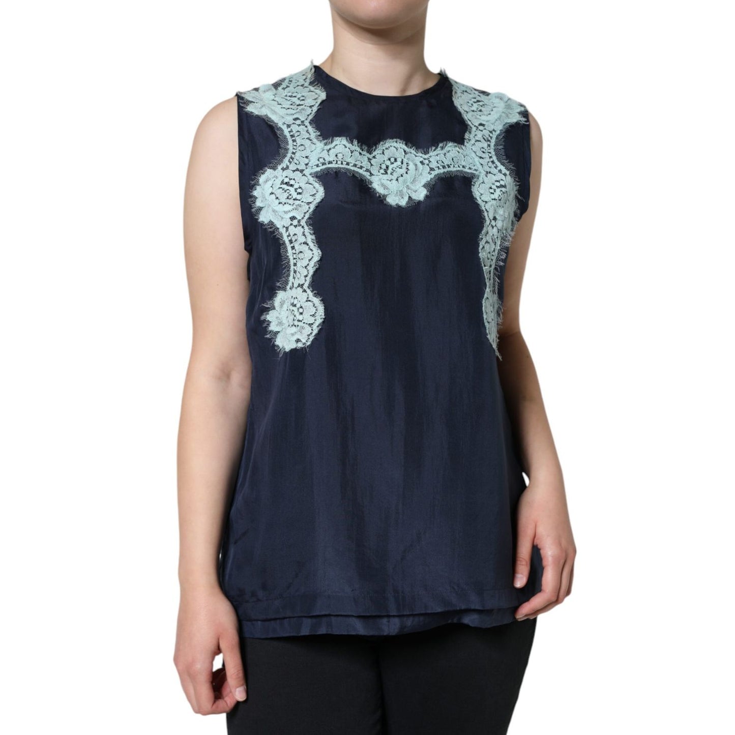 Dolce & Gabbana Blue Floral Lace Silk Sleeveless Tank Top