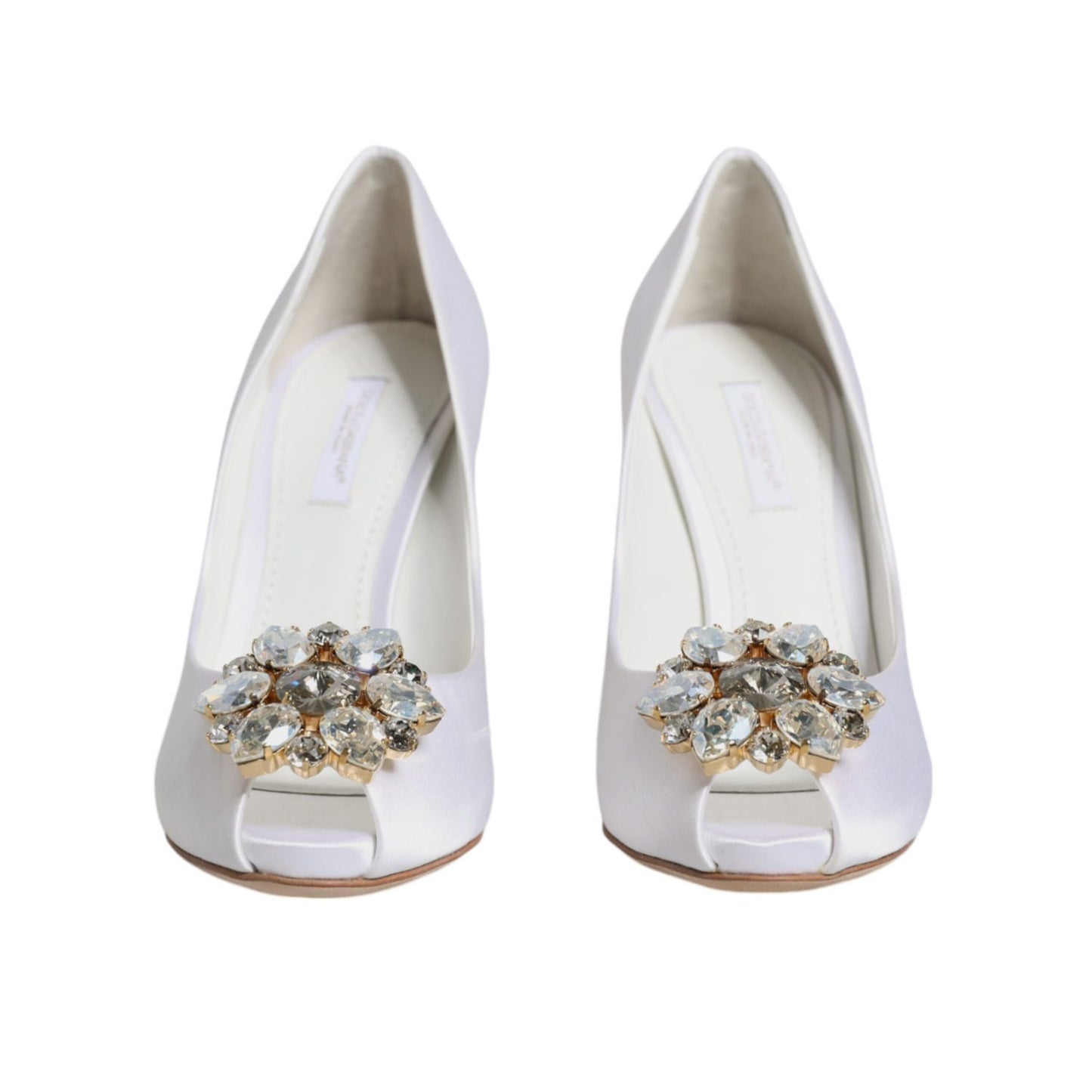Dolce & Gabbana White Crystals Peep Toe Satin Pumps Shoes