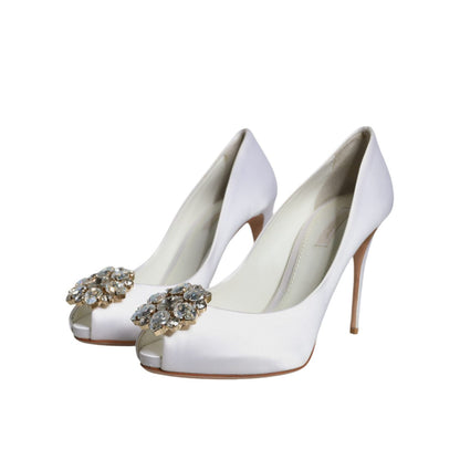 Dolce & Gabbana White Crystals Peep Toe Satin Pumps Shoes