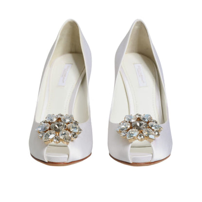 Dolce & Gabbana White Crystals Peep Toe Satin Pumps Shoes
