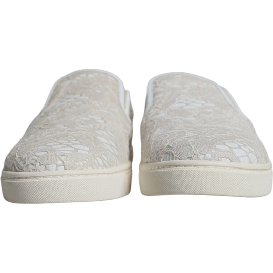 Dolce & Gabbana White Leather Lace Slip On Loafers Shoes Dolce & Gabbana Gray